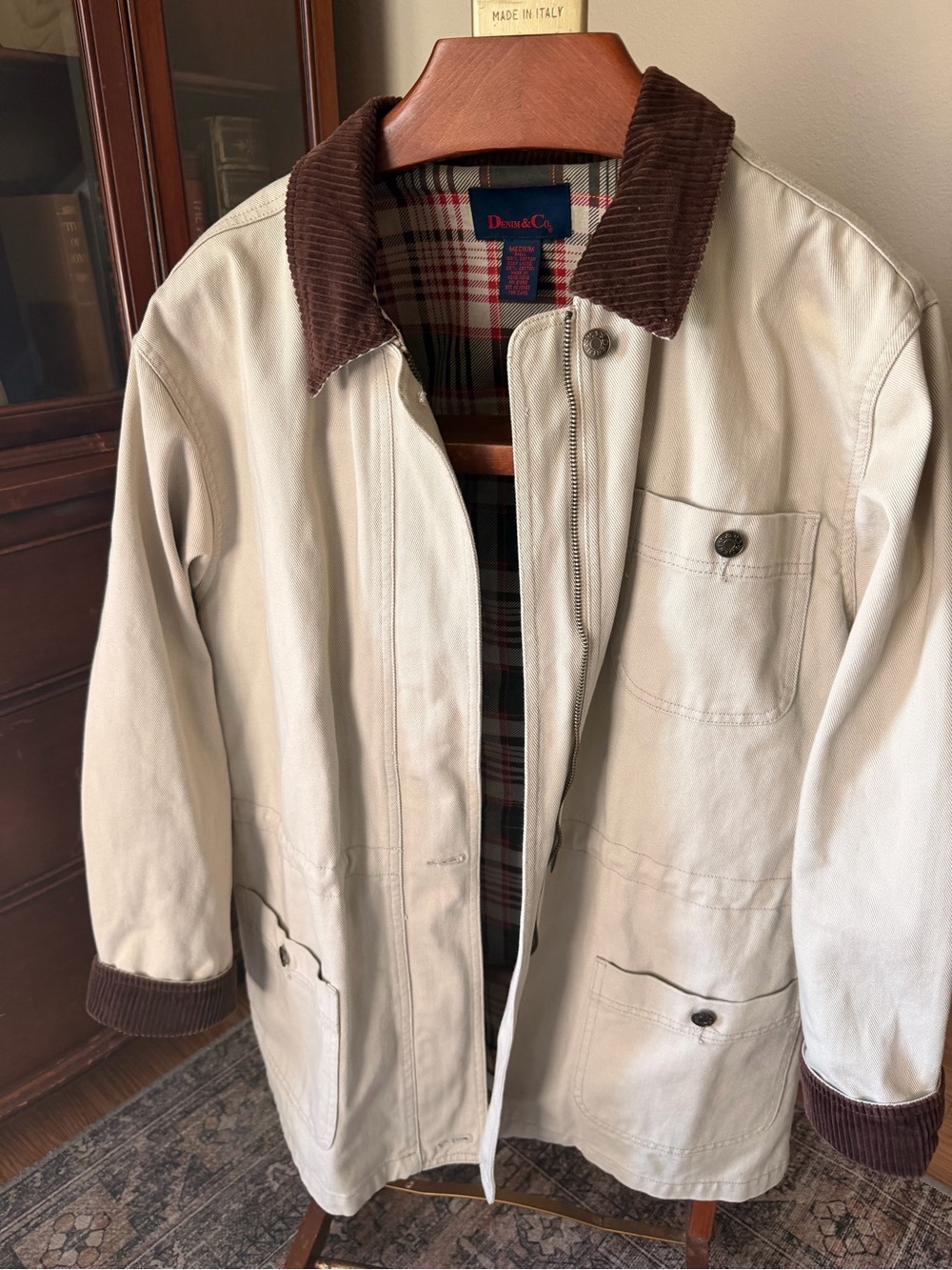 Vintage 90s Denim & Co. Chore Barn Coat Flannel Lined Corduroy Collar